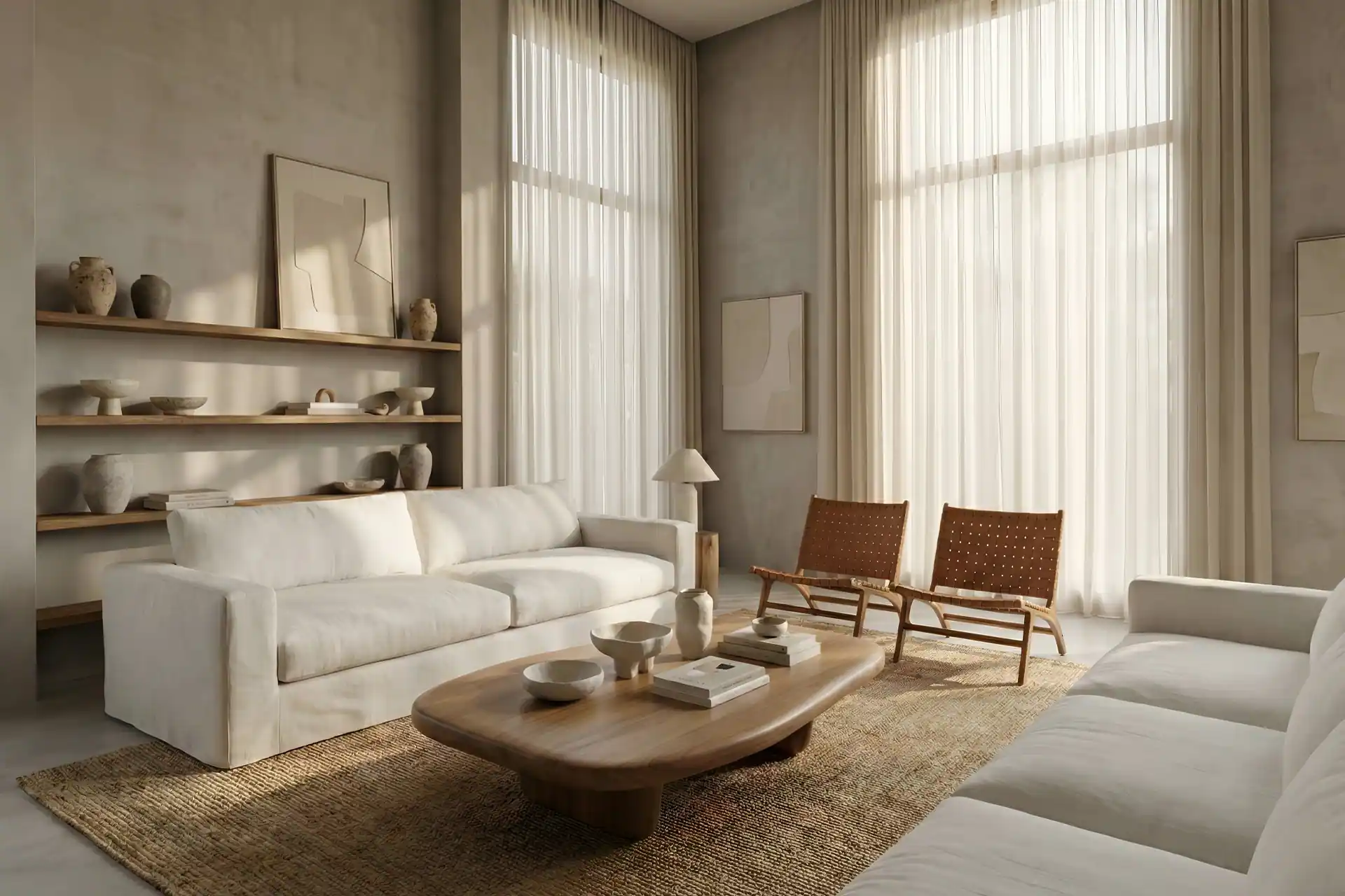 Modern minimalist living room with custom white fabric sofas and organic wooden coffee table