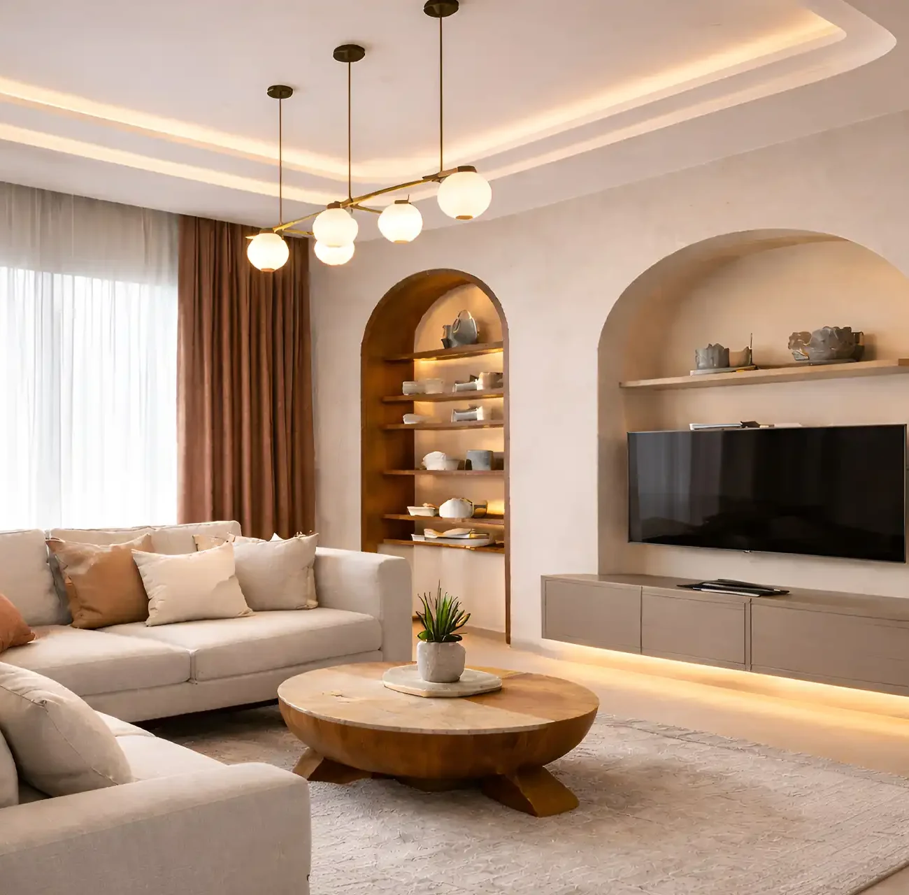 Bespoke cream sofa in a warm minimalist living room setting.