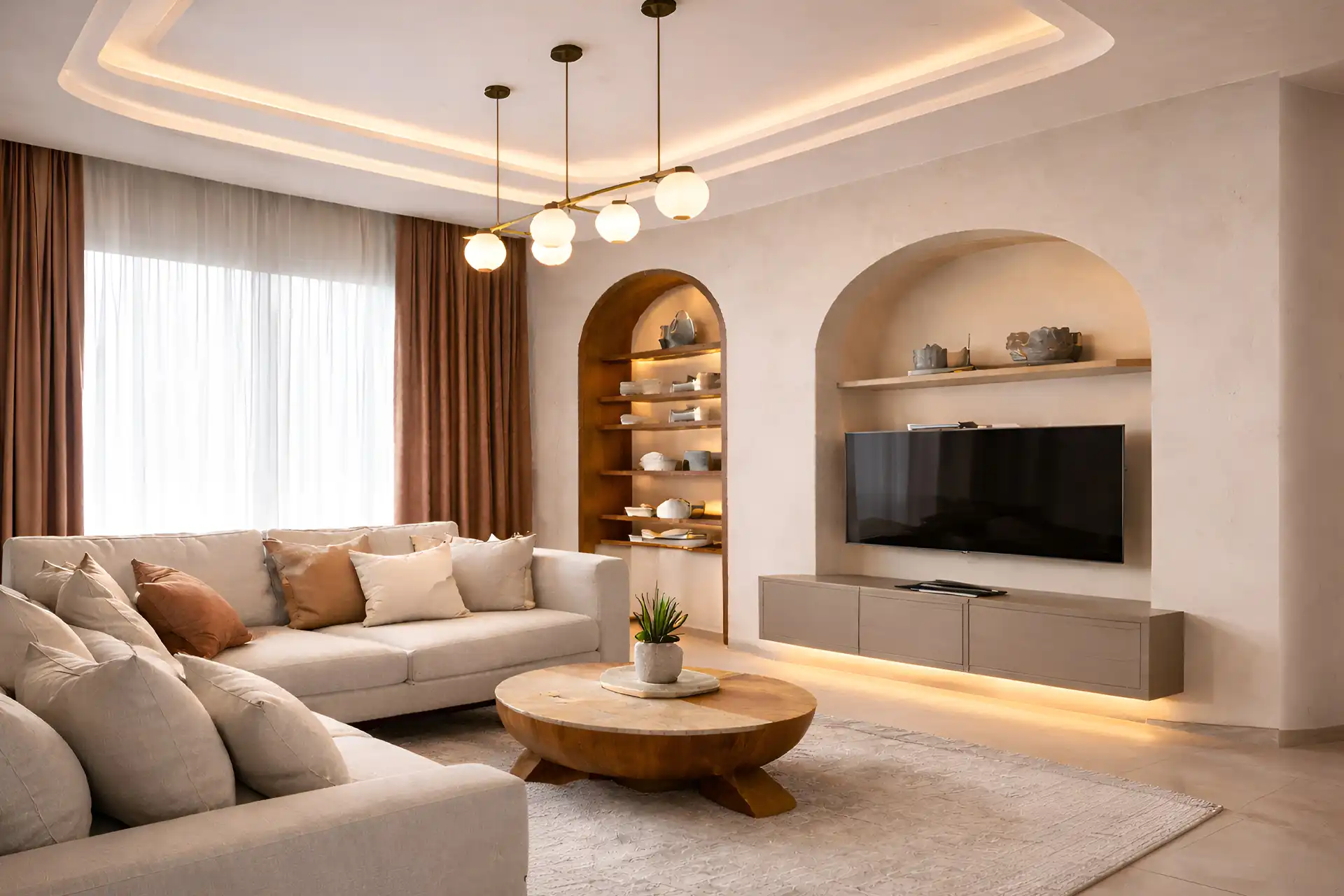 Bespoke cream sofa in a warm minimalist living room setting.
