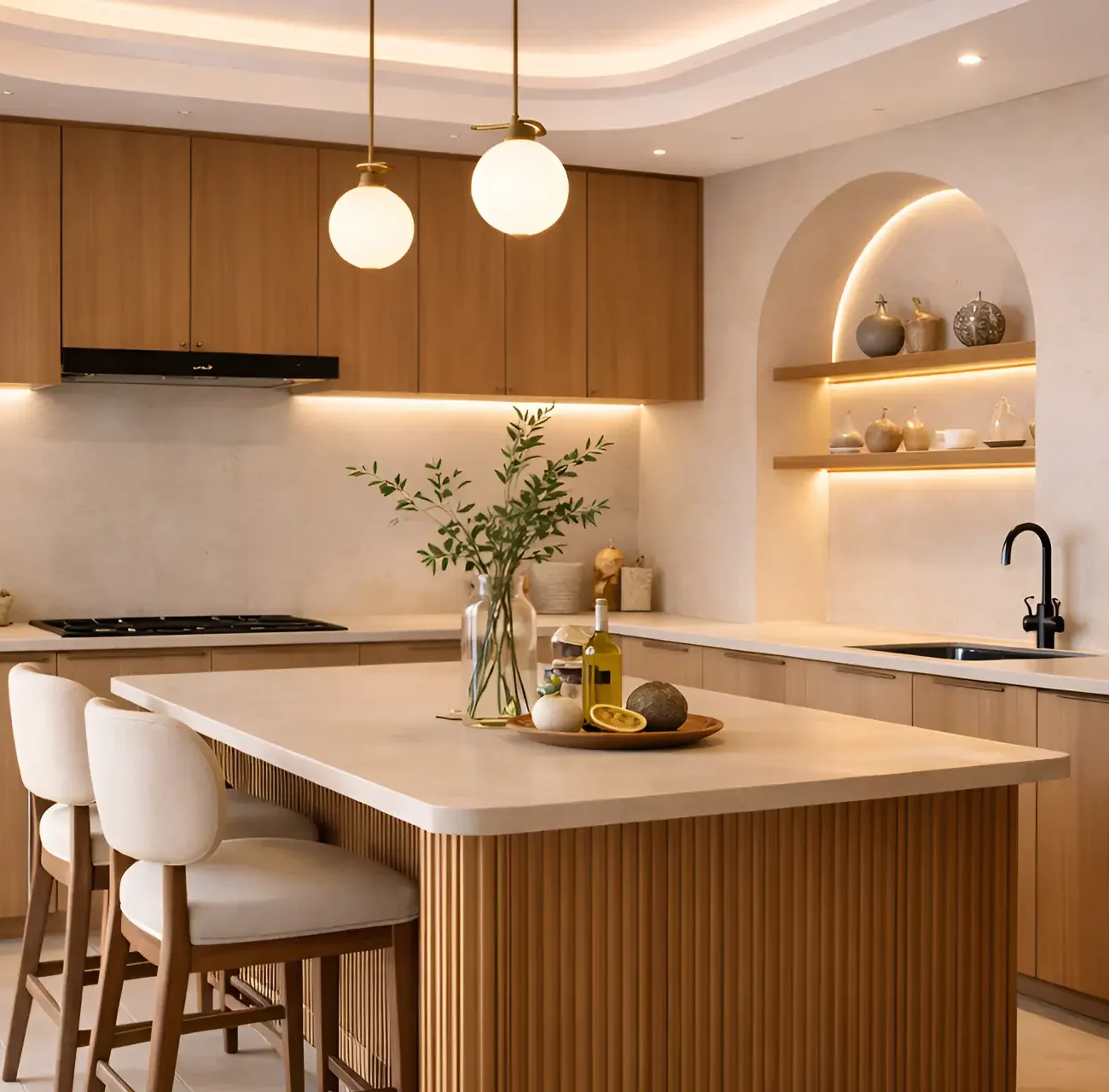 Luxury custom-made wooden dining table and kitchen cabinets in Karama.