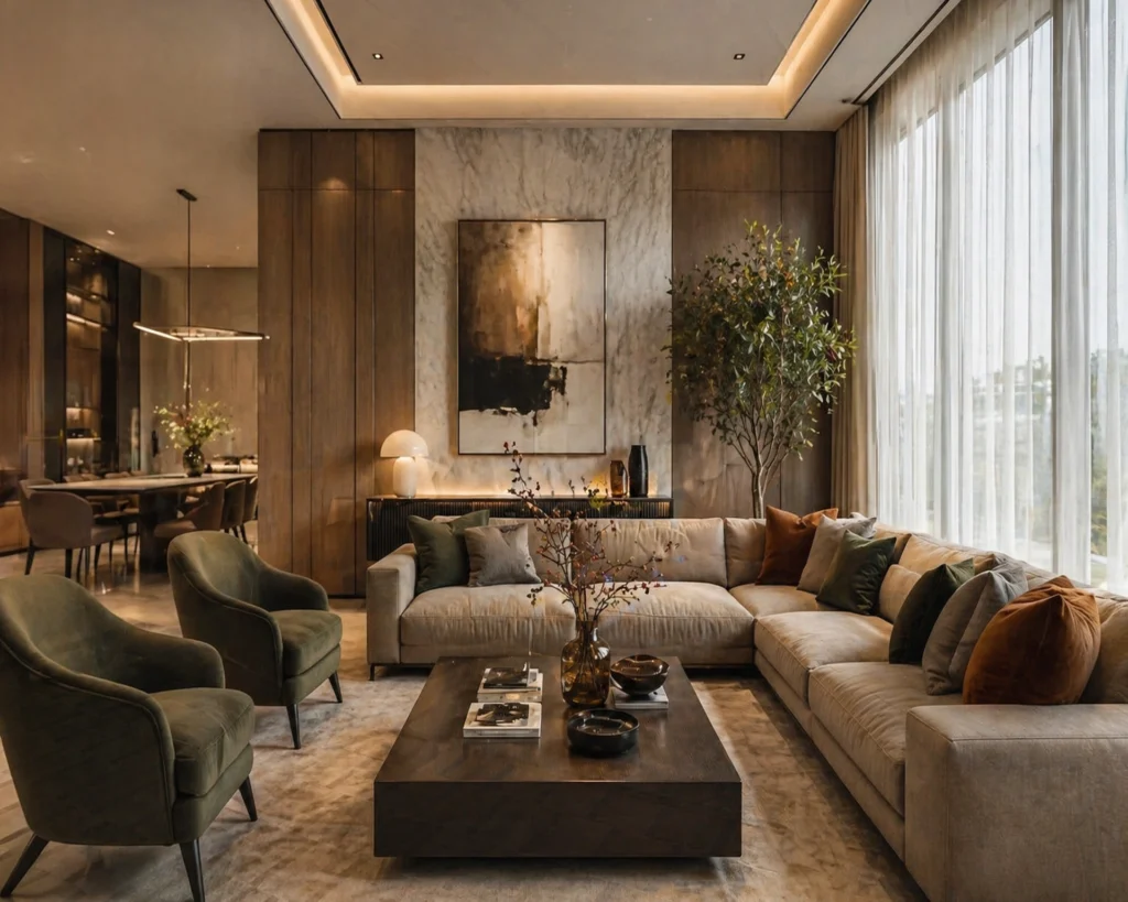 Best furniture shop in Dubai - Modern interior design by Al Jinan Furniture with custom sofas and dining set
