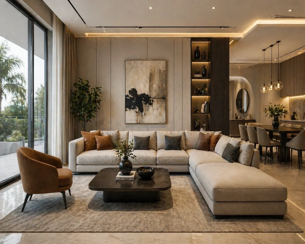 Best furniture shop in Dubai - Modern interior design by Al Jinan Furniture with custom sofas and dining set