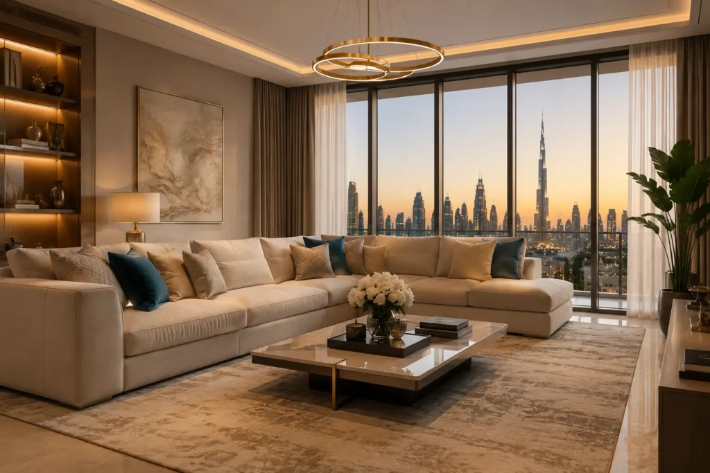 Luxury modern living room interior by Al Jinan Furniture featuring a premium L-shaped sofa, marble coffee table, warm ambient lighting, and elegant Dubai apartment decor.