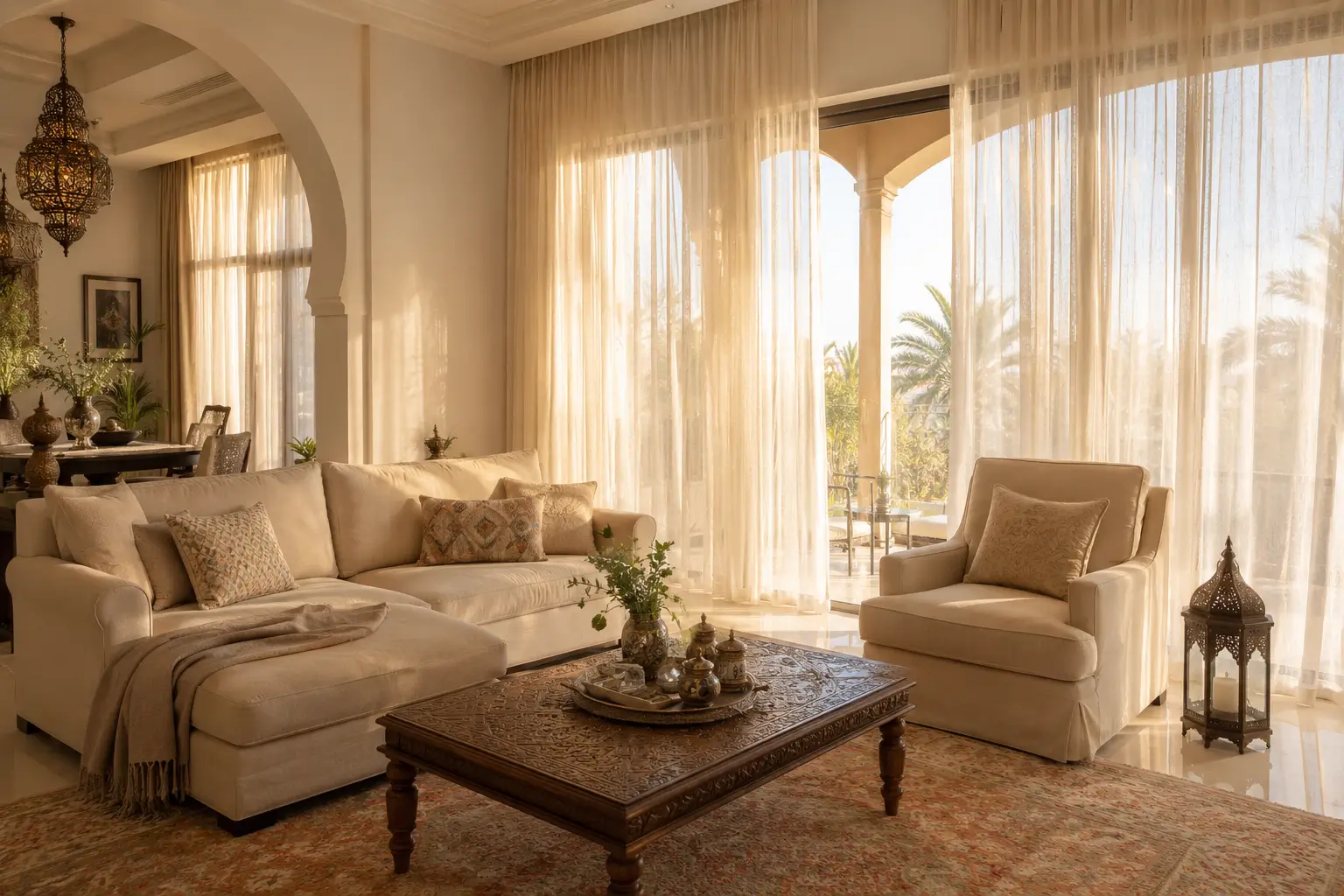 Bright and airy UAE villa living room featuring floor-to-ceiling sheer white linen curtains, warm golden afternoon sunlight, neutral beige sofa, Arabic-inspired decor, carved wooden coffee table, and luxurious modern interior styling.