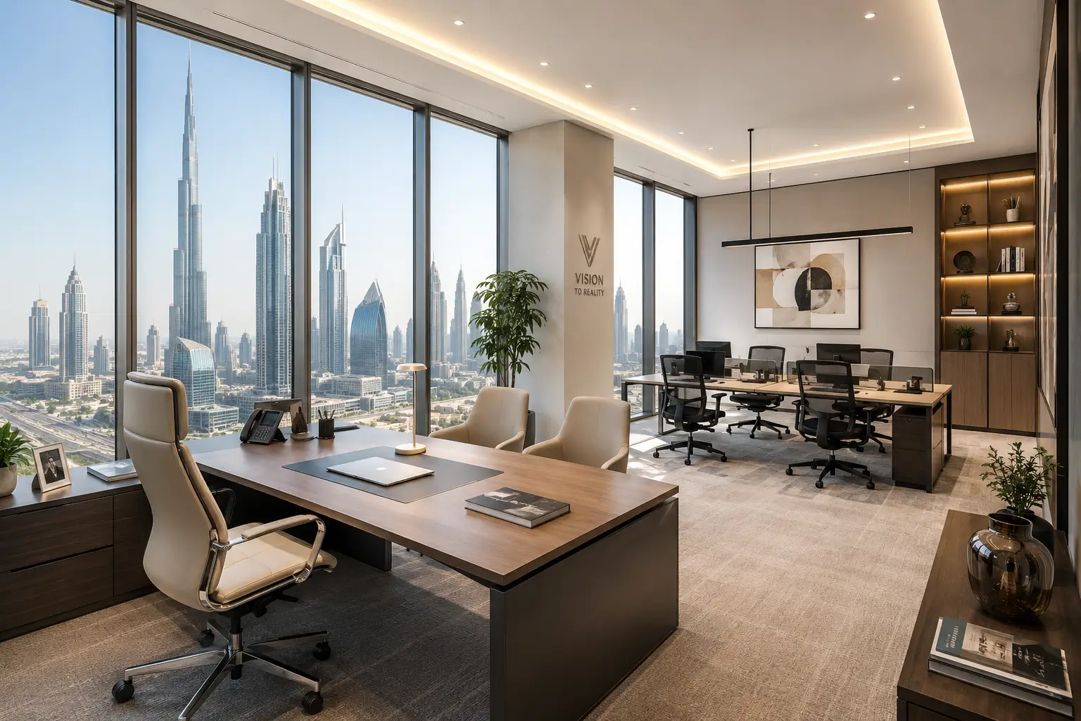 A wide, bright corporate office interior in Dubai with floor-to-ceiling windows, natural light, clean executive desks, and modern ergonomic chairs. Minimal and professional. Warm neutral tones.