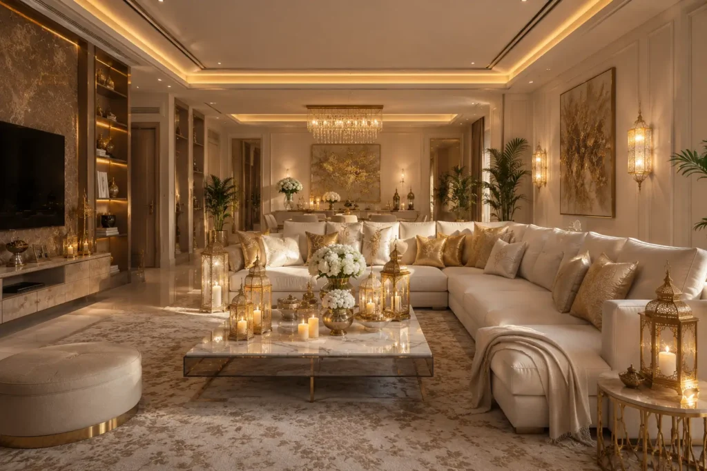 Luxurious Eid-inspired living room interior by Al Jinan Furniture with cream and gold decor, elegant L-shaped sofa, Arabic lanterns, marble coffee table, floral arrangements, and warm ambient lighting.