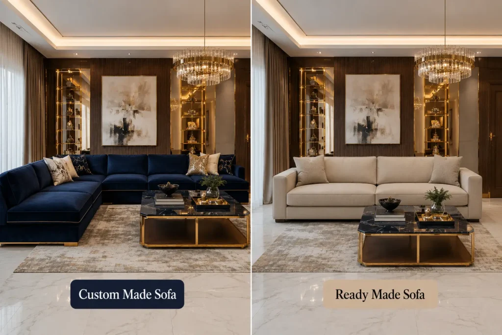 alt text on your website: "Custom sofa vs ready-made sofa comparison in Dubai living room — Aljinan Furniture"