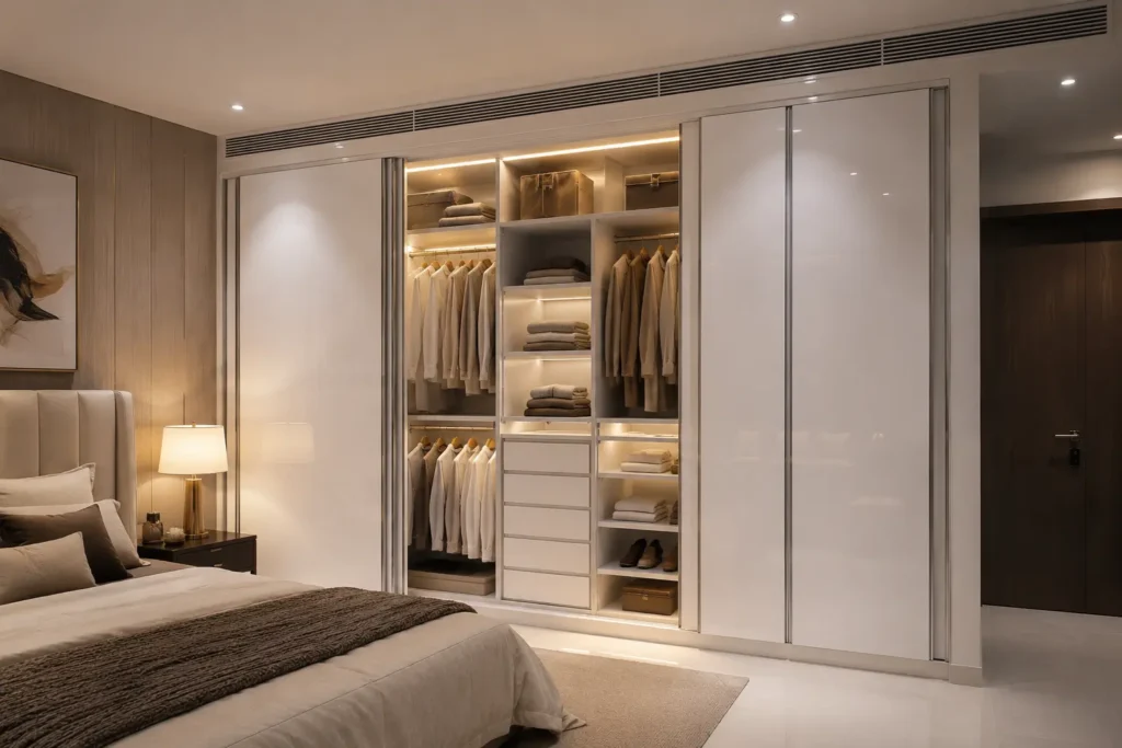 Modern sliding door wardrobe with dark wood finish and soft lighting in a contemporary Dubai bedroom interior