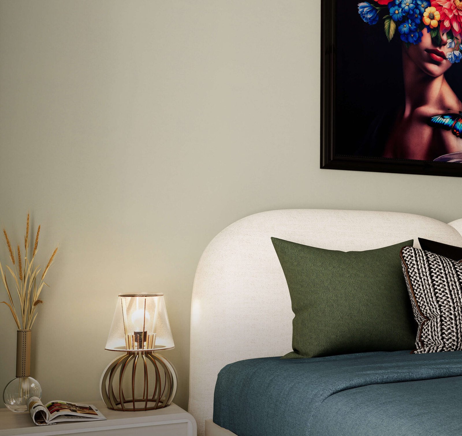 Styled bedside table with warm lighting and custom boucle headboard — best furniture shop in Dubai