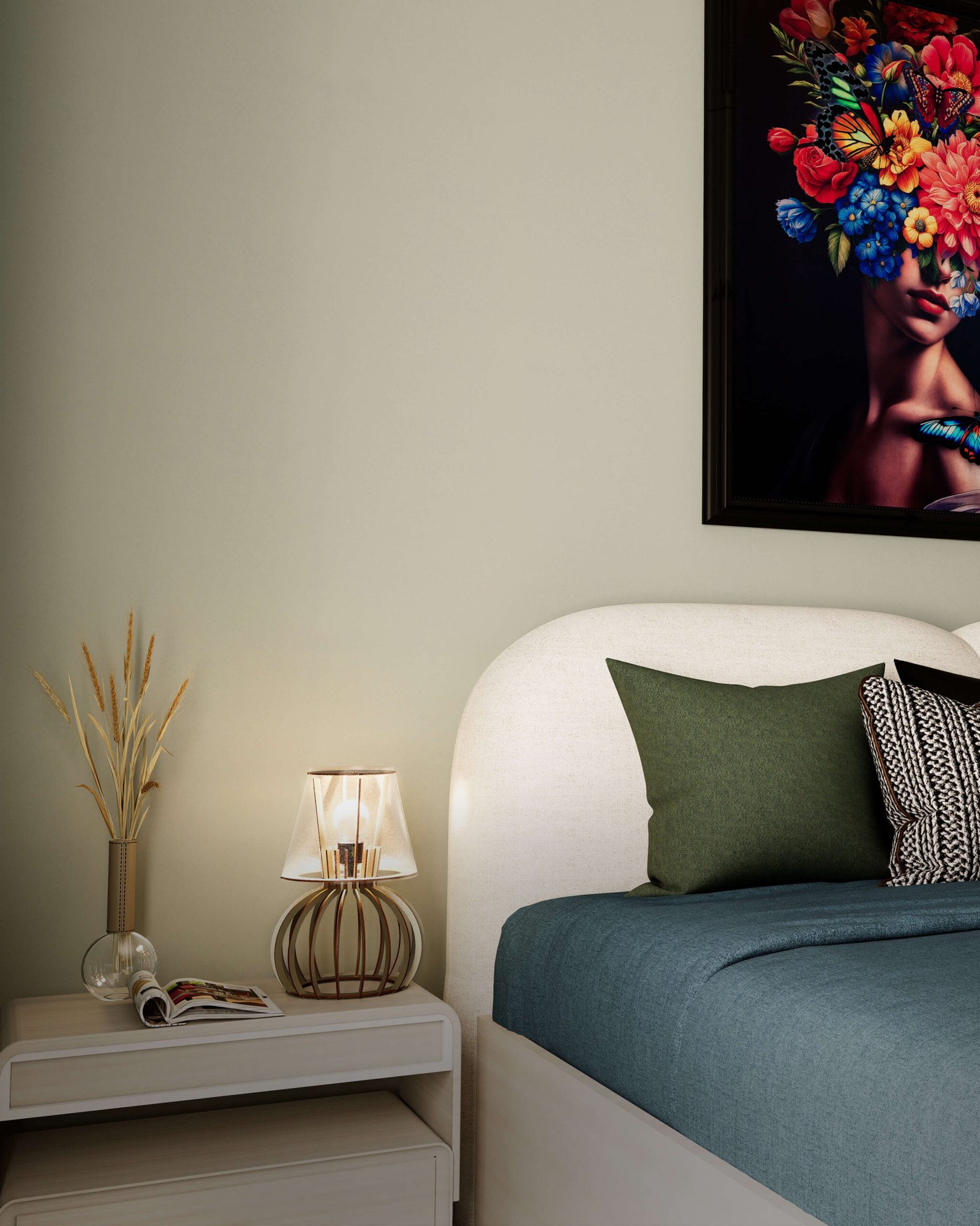 Styled bedside table with warm lighting and custom boucle headboard — best furniture shop in Dubai