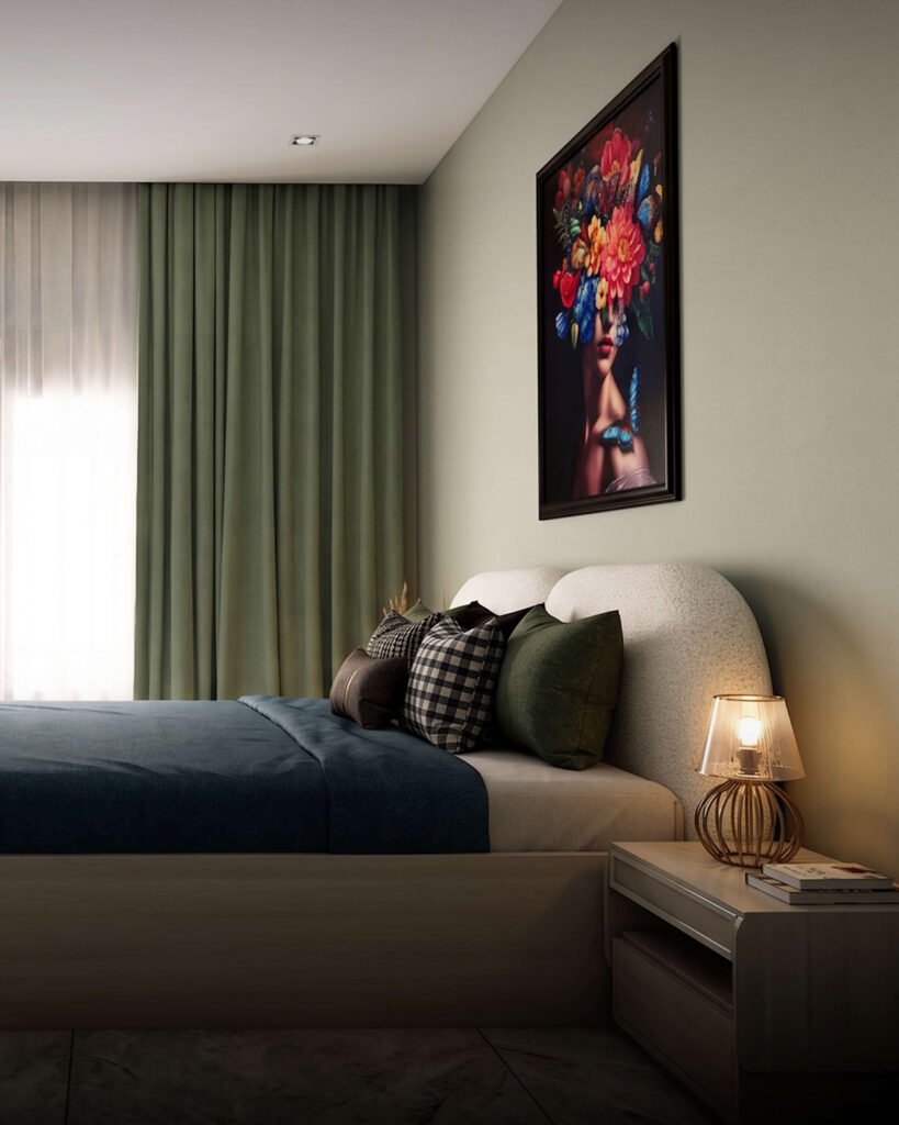 Luxury bedroom interior design with green curtains and custom boucle headboard—Al Jinan Furniture Dubai