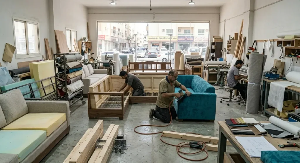 A real, unedited photograph inside the busy custom furniture workshop of Al Jinan Furniture in Al Karama, Dubai. Local craftsmen are actively building a bespoke L-shaped sectional sofa. One technician is checking a solid wood frame with exposed metal springs, while another is carefully using a staple gun to upholster a teal velvet sofa module. Rolls of fabric, foam padding blocks, raw timber planks, and design blueprints are scattered across the industrial concrete floor, visible through a large glass window looking out at the Karama street.
