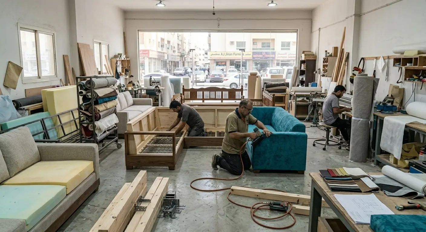 A real, unedited photograph inside the busy custom furniture workshop of Al Jinan Furniture in Al Karama, Dubai. Local craftsmen are actively building a bespoke L-shaped sectional sofa. One technician is checking a solid wood frame with exposed metal springs, while another is carefully using a staple gun to upholster a teal velvet sofa module. Rolls of fabric, foam padding blocks, raw timber planks, and design blueprints are scattered across the industrial concrete floor, visible through a large glass window looking out at the Karama street.