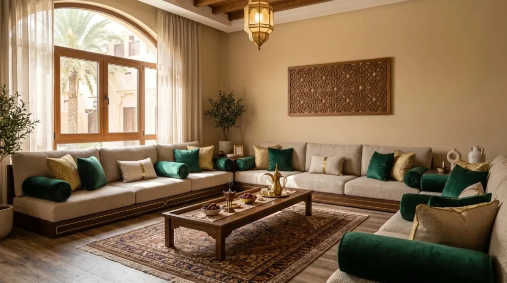 Modern-majlis-living-room-in-Dubai-with-low-seating-neutral-linen-upholstery-and-jewel-toned-cushions-by-Al-Jinan