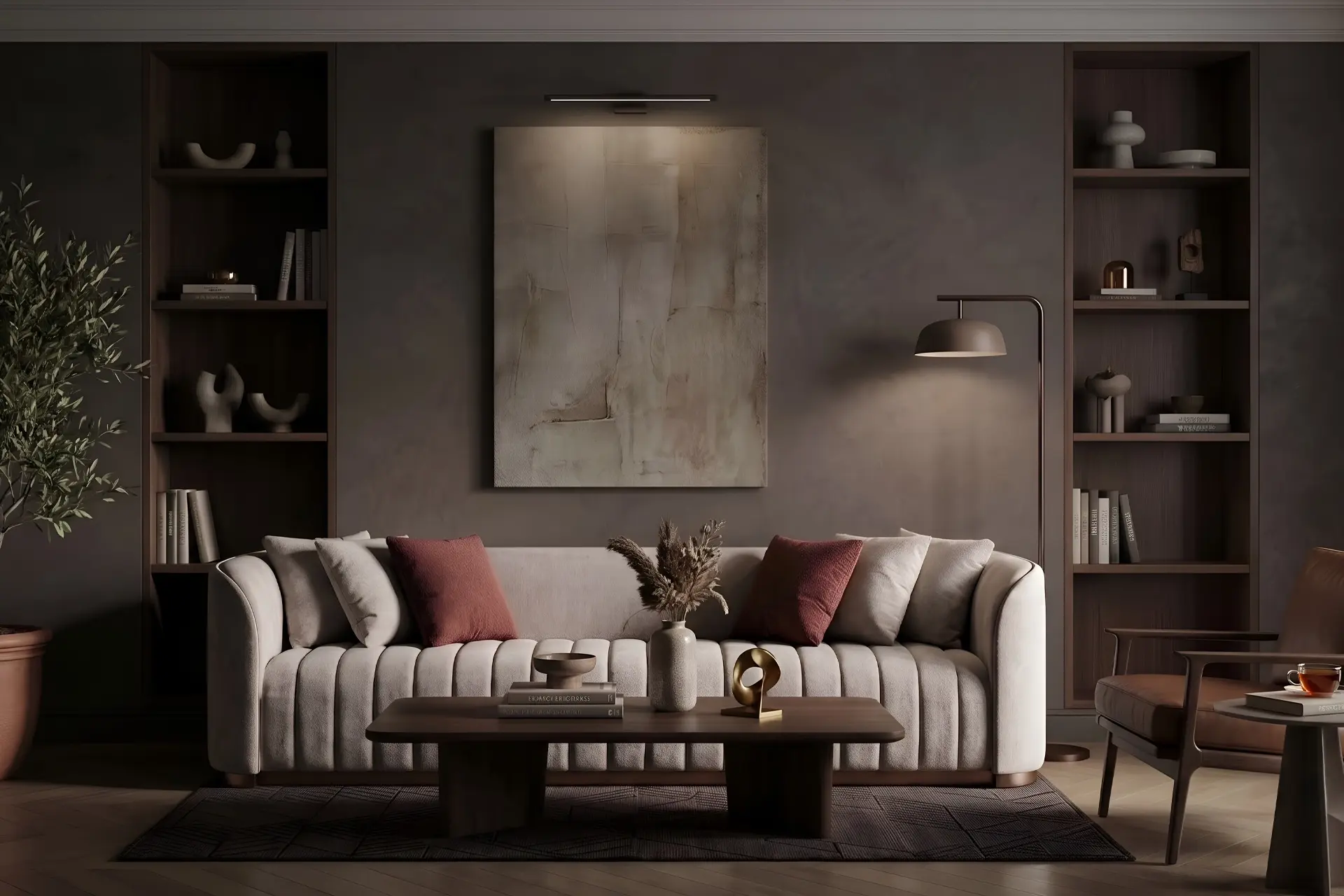 Luxury channel-tufted sofa with burgundy cushions in a modern dark-toned living room, custom furniture Dubai
